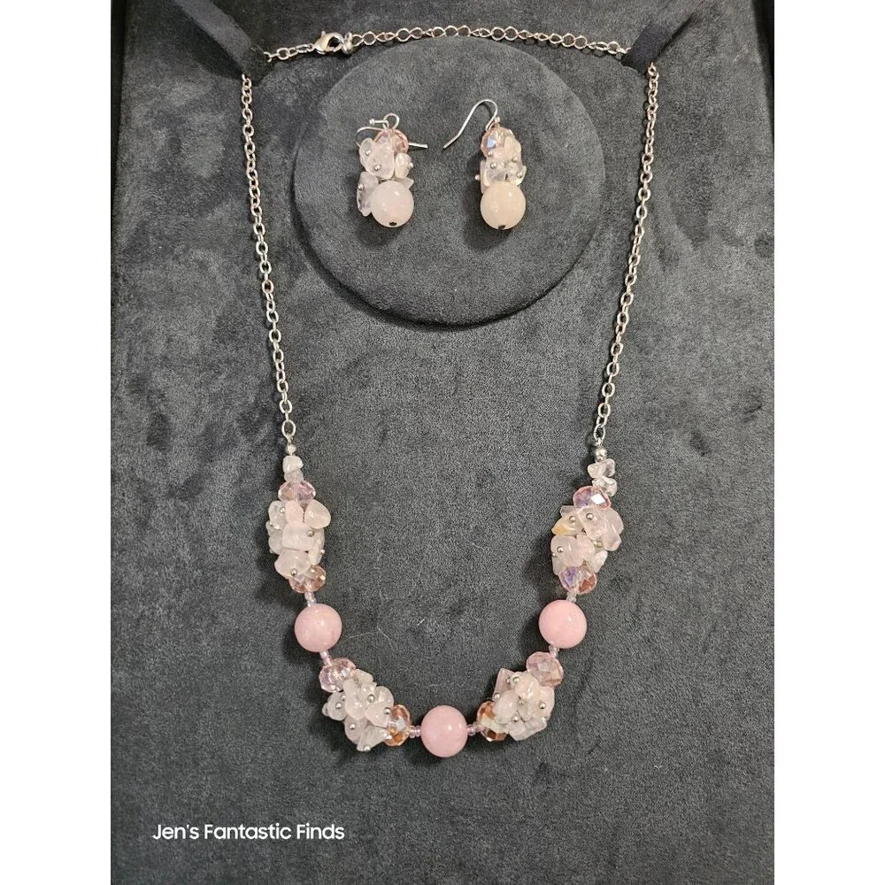 Rose Quartz Crystal Necklace &‎ Earrings Set With Silver Chain & Clasp